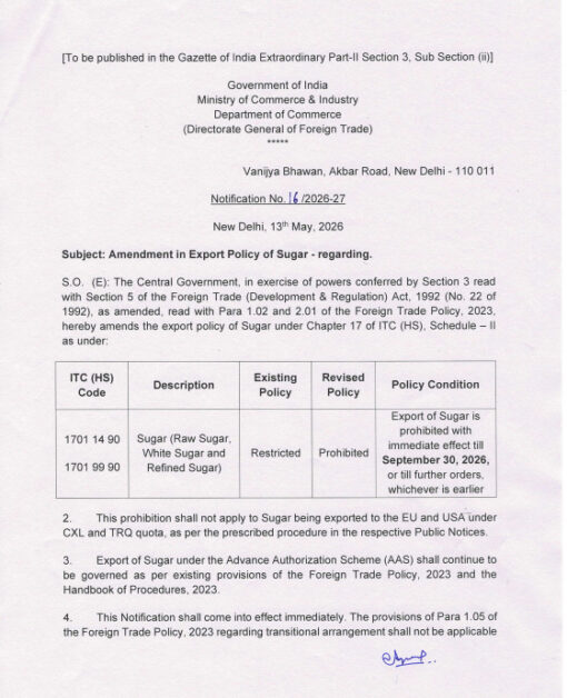 Sugar Export Ban