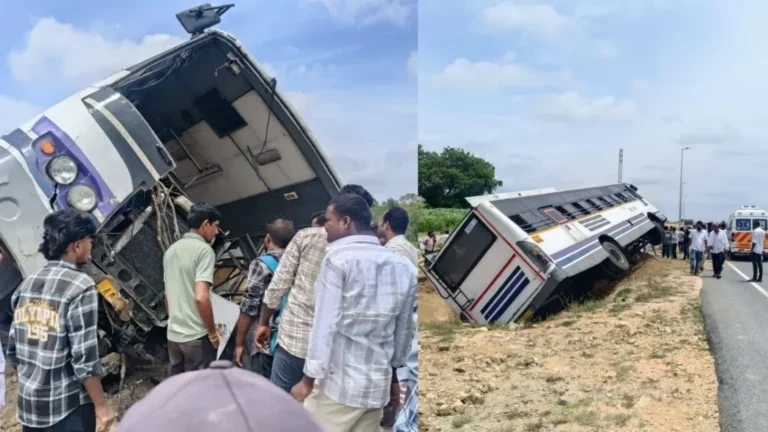 Valmikipuram Bus Accident : टायर फटने से अनियंत्रित हुई APSRTC बस, सड़क पर पलटी; 20 यात्री घायल